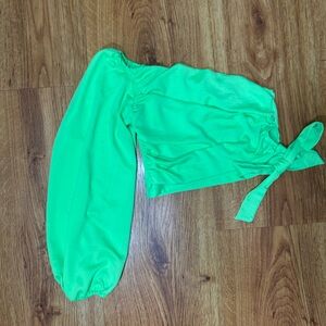 Skylar Rose Womens Neon Green Crop Blouse One Sleeve Side Bow Size Small